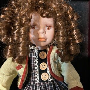 Emerald Doll Collection Curly-Haired Porcelain Doll w/Plaid Dress “Linda” #16016